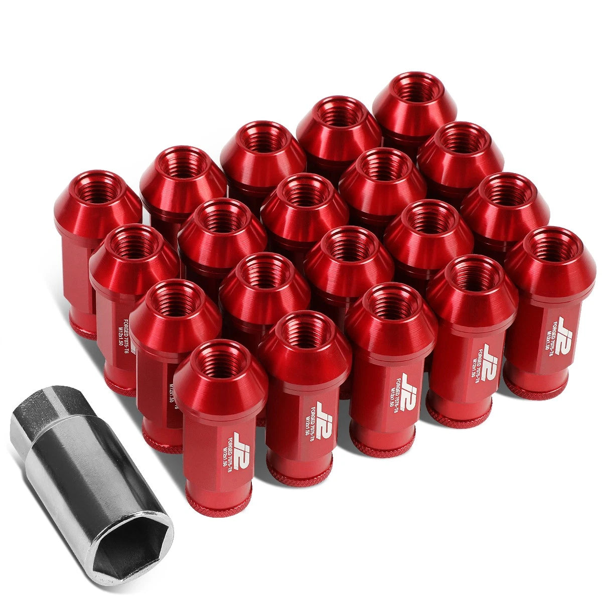 J2 7075 Forged Aluminum M12x1.5 5cm Open-end Lug Nut Set W/adapter Red