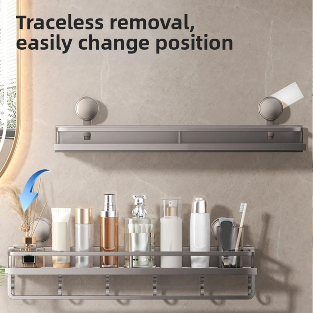 Strong Suction Aluminum Shower Shelf With Towel Bar And Five Hooks