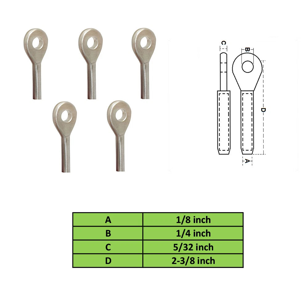 Aircraft Eye Stainless Steel 1/8 Inch Wire Rope Swage Eye Terminal
