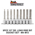 Teng Tools 9-piece 1/2" Drive Long Ribe Bit Socket Set M4-m13 M1209