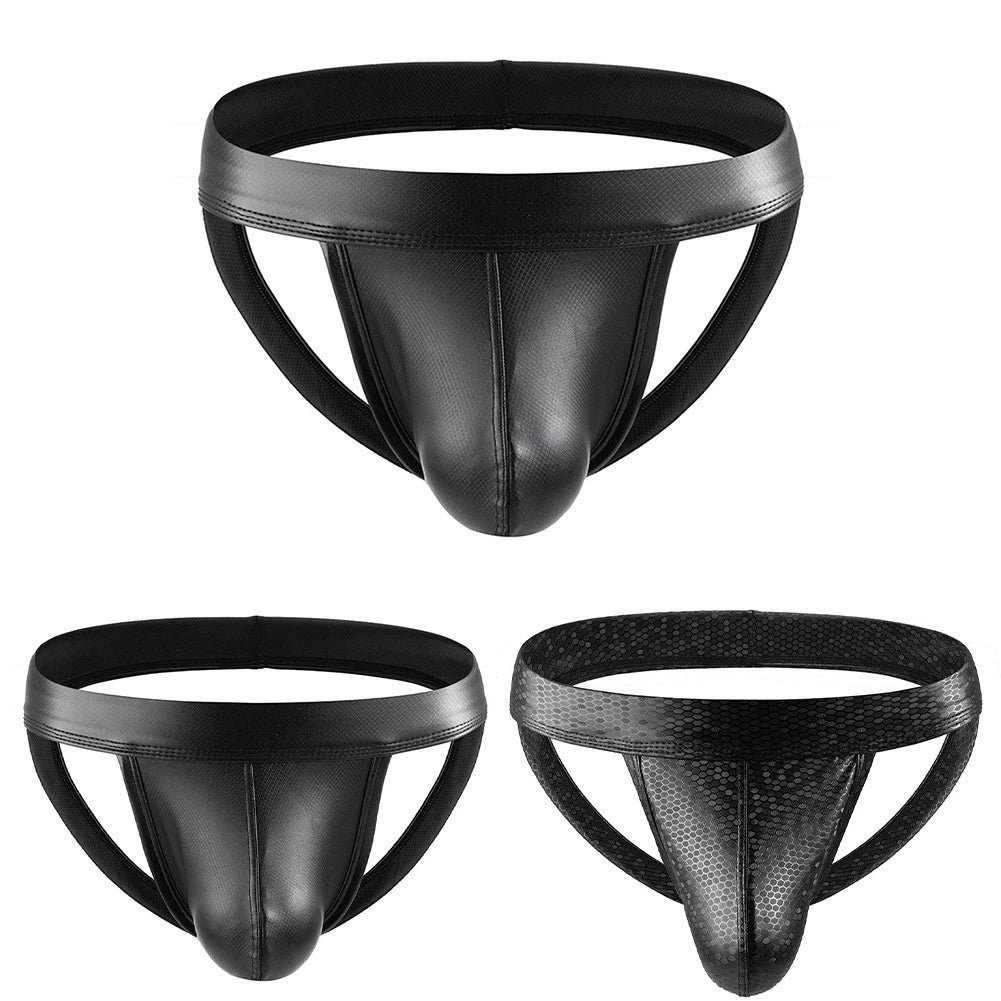 Men Pu Leather Low Waist Underwear Open Butt Thongs G String For Night