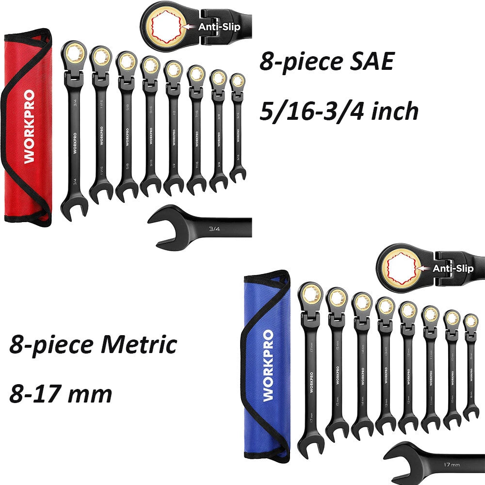 Workpro Ratcheting Combination Wrench Set 8-piece Flex-head Anti-slip