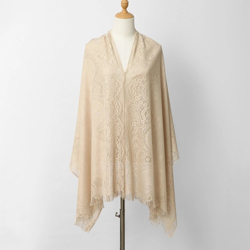 Womens Lace Detail Shawl Polyester Fabric Elegant Hollow-out Design