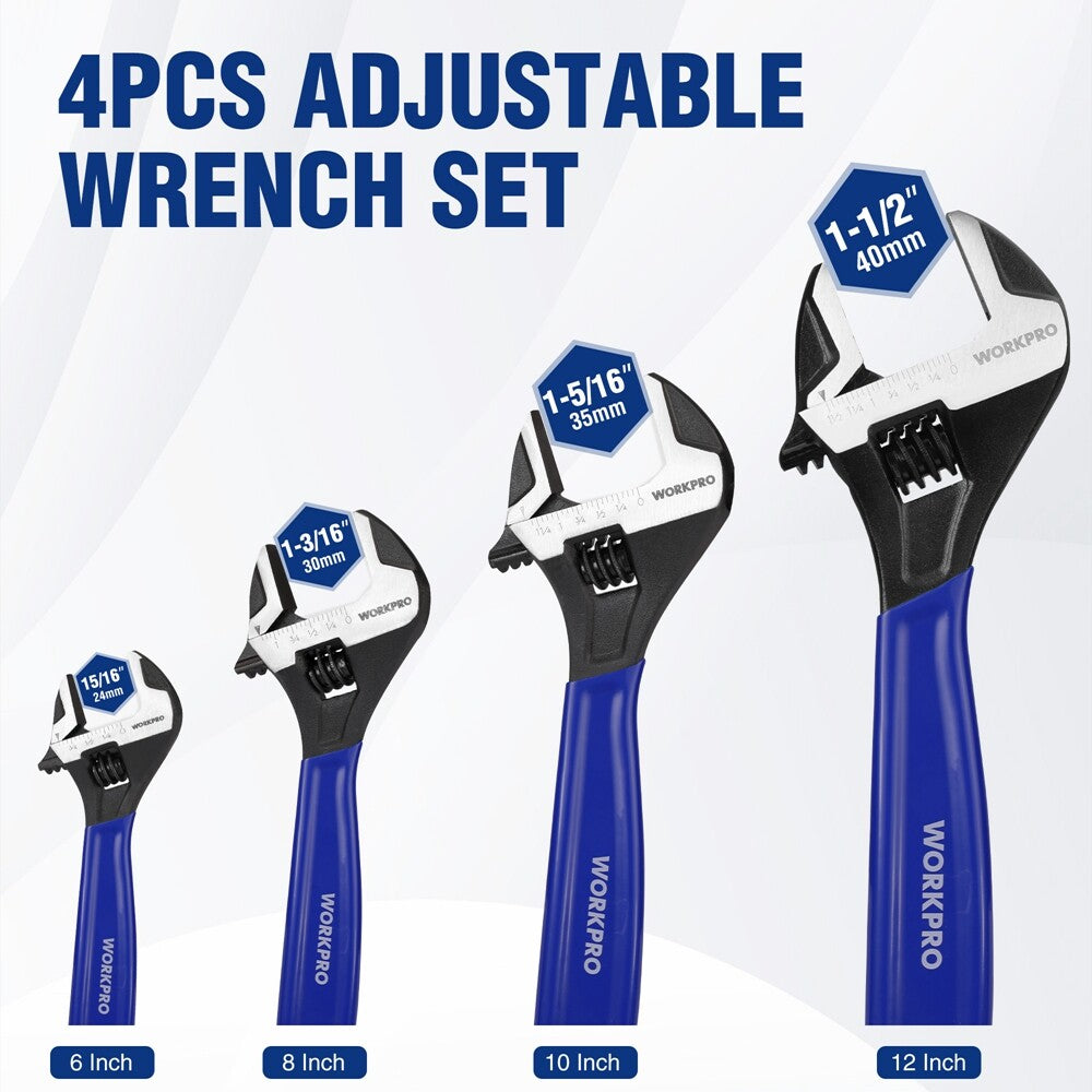 WORKPRO 4PCS Adjustable Wrench Set 6" 8" 10" 12" Wide Jaw Black Oxide