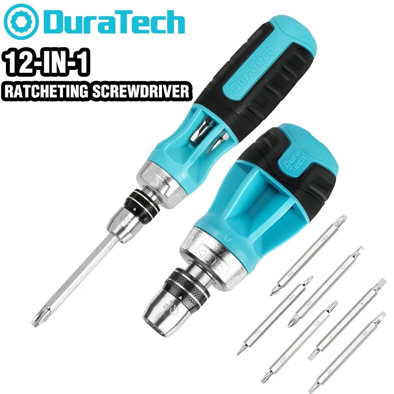 DURATECH 4"/6" Stubby Ratcheting Screwdriver 12-in-1 Multi-bit Short Screwdriver