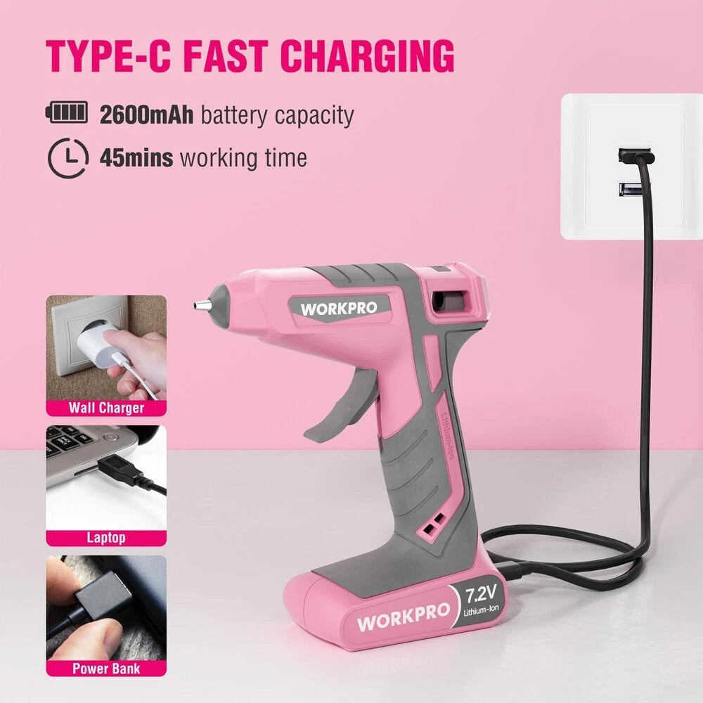 Workpro 7.2V Cordless Hot Glue Gun 30s Preheating Dual-temp Glue Gun