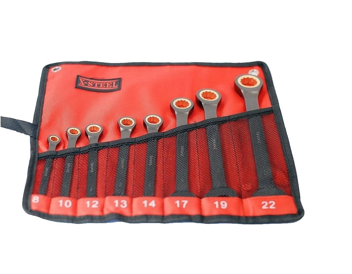 X-Steel 8pc Cr-V Ratcheting Ratchet Combination Ring Open Spanner