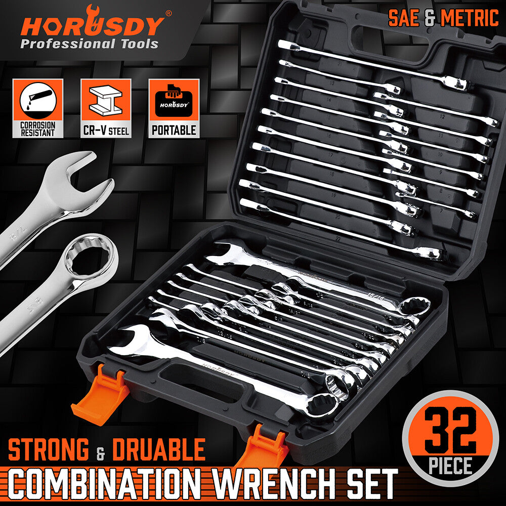 32PC Combination Wrench Spanner Set SAE Metric 1/4-1" &7-22mm 12 Point