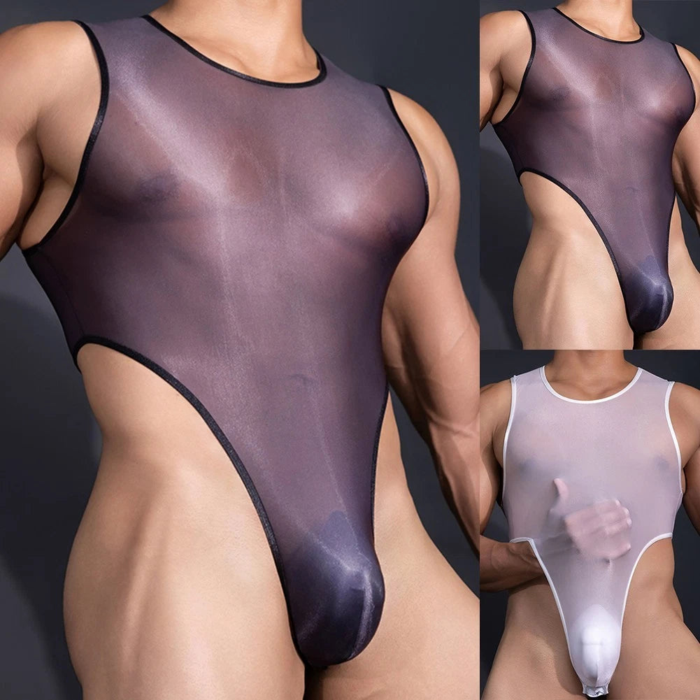 Mens Quick Drying Oil Glossy See Through Bodysuit | Built Supply Co
