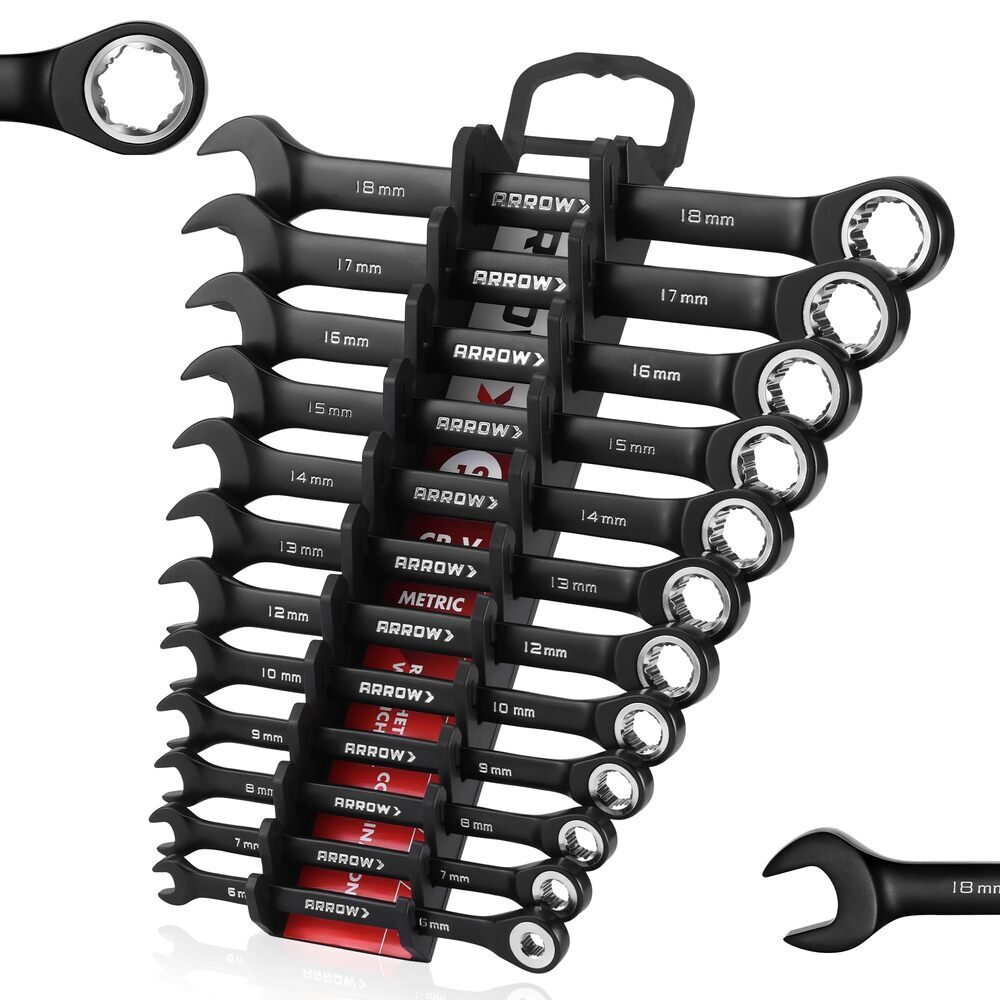 ARROW 12PC Metric Ratcheting Combination Wrench Set Anti-Slip 6-18mm