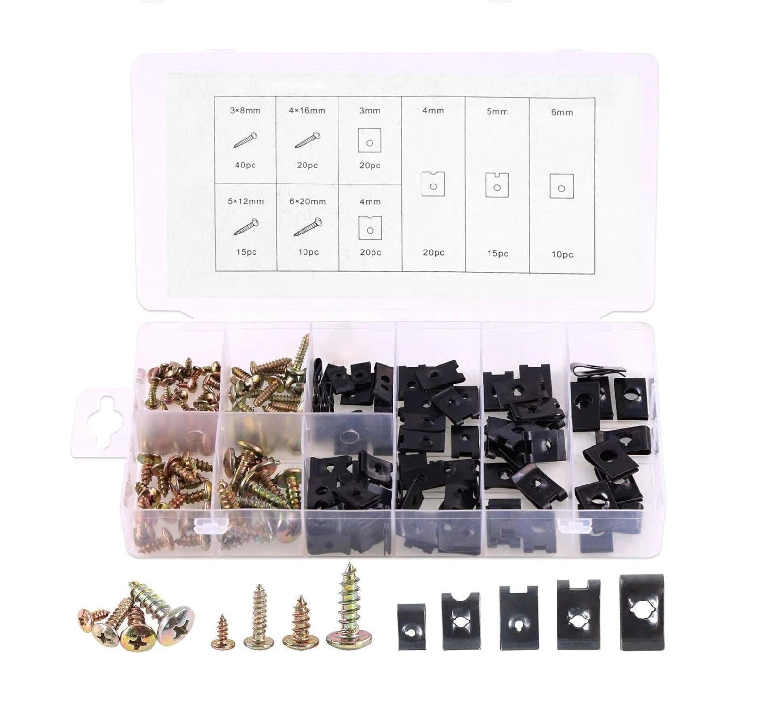 170pc 9 Size Car U Nut 3-6mm U-Clips Zinc Plated Phillips Screws Panel Beating