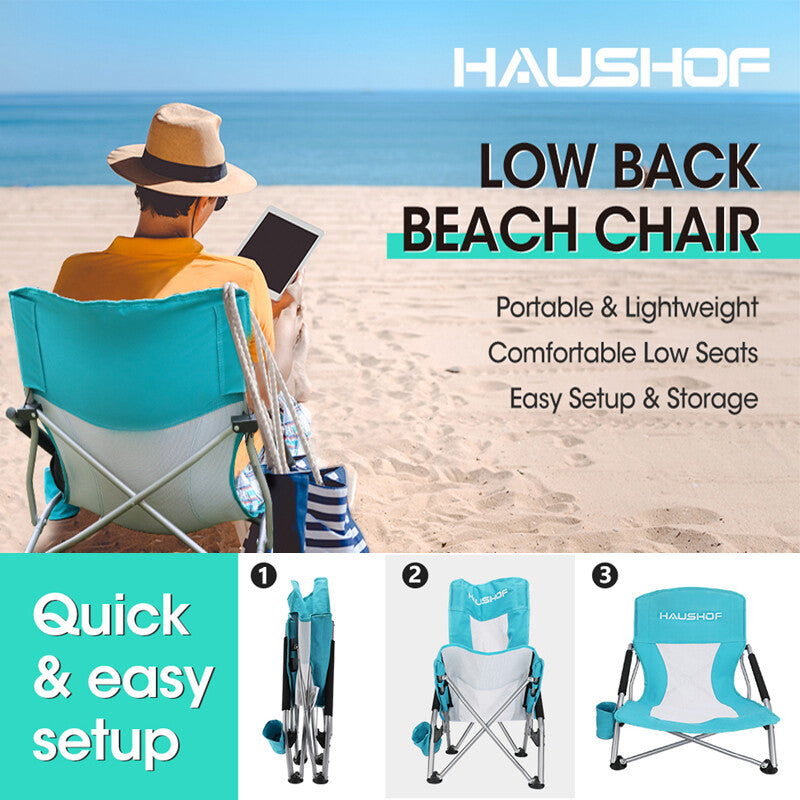 HAUSHOF Low Beach Chair Mesh Back Folding Chair Low Seat Camping