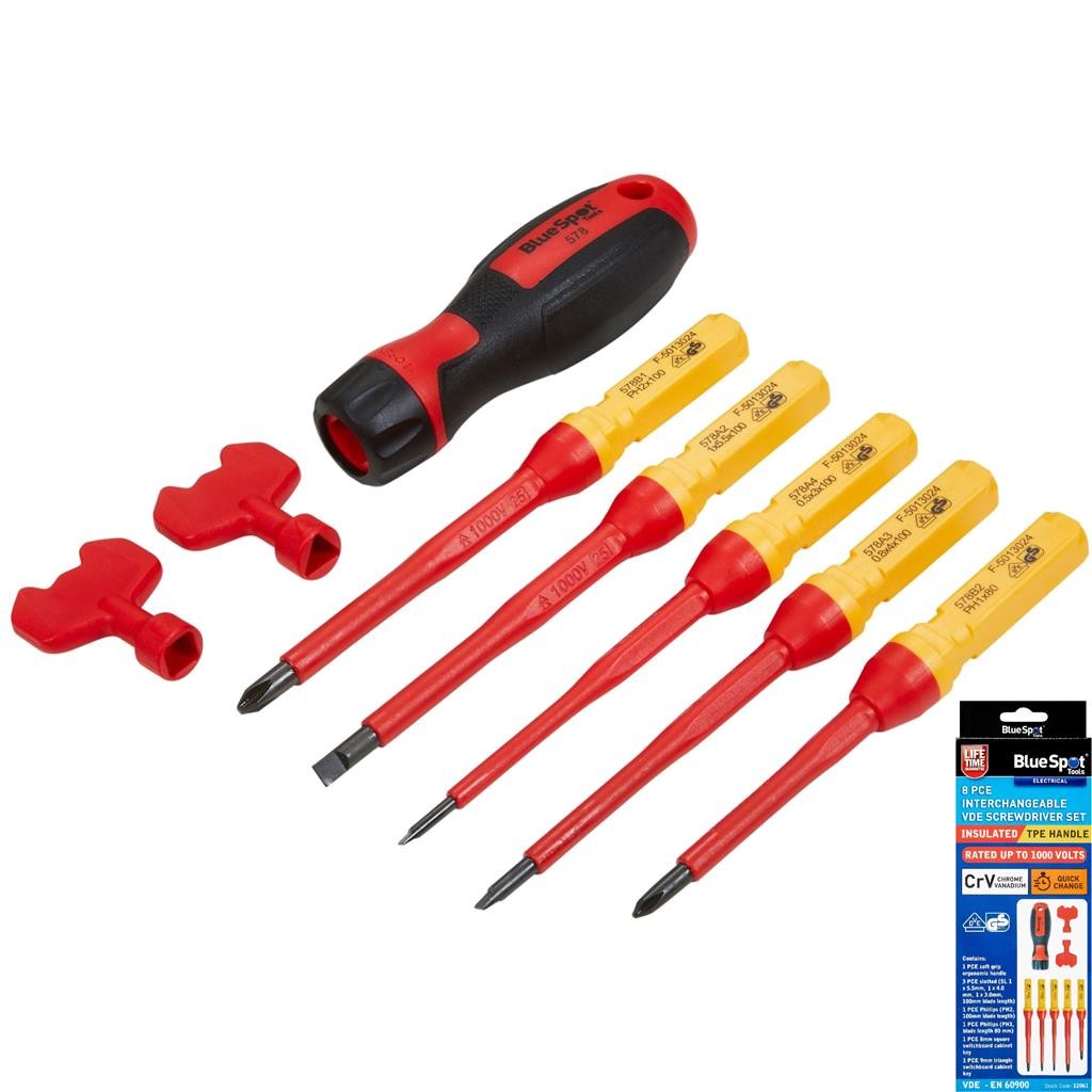 Bluespot Screwdriver VDE Insulated Interchangeable 8pc Set Slotted and Phillips by BlueSpot