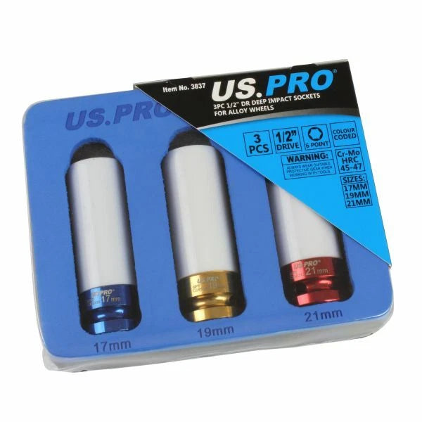 Us Pro 1/2" Deep Impact Socket Set | Alloy Wheel 17 19 21mm Cr-mo +