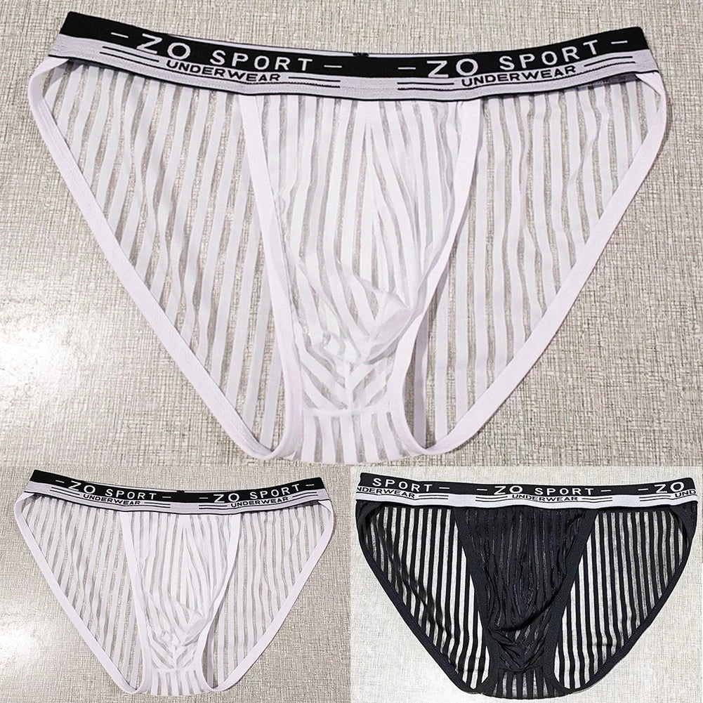 Men Mesh Stripe Brief Underwear High Fork Ice Silk See Through Panties
