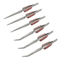 Set Of 6 Cross Lock Fiber Grip Tweezers Self Closing 6-1/2" Bent &