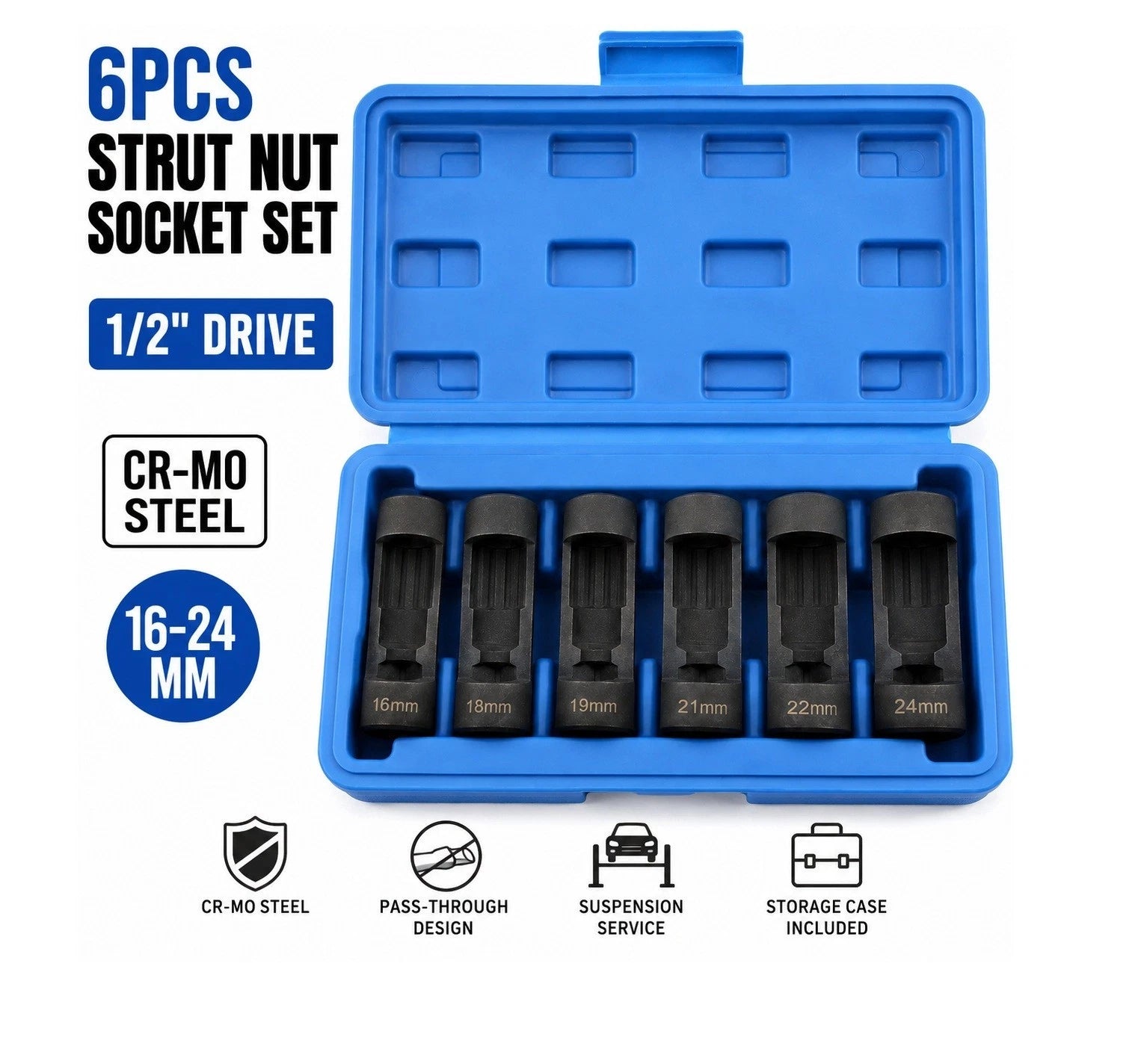 Cr-mo Strut Nut Socket Set 1/2" Dr. 16-24mm Suspension Shock Removal