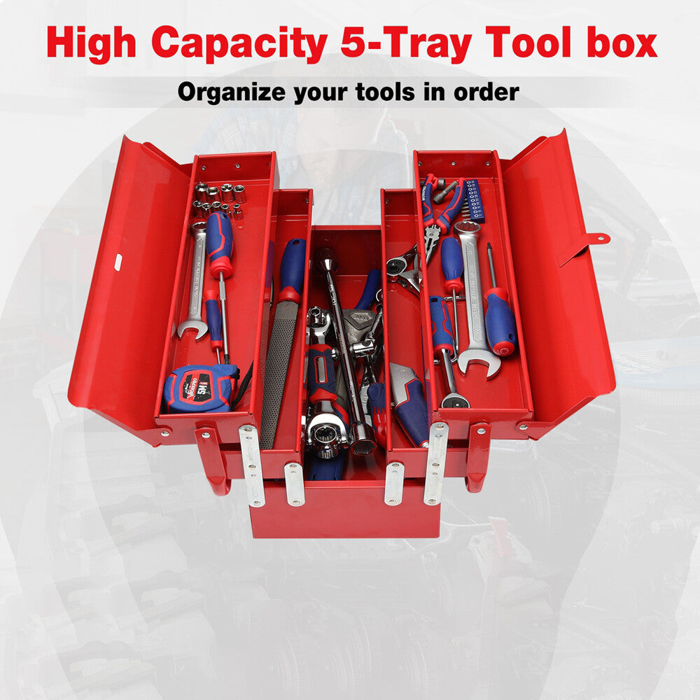 18" Metal Tool Box Cantilever Folding Storage Box 3-Layers 5-Tray Tool