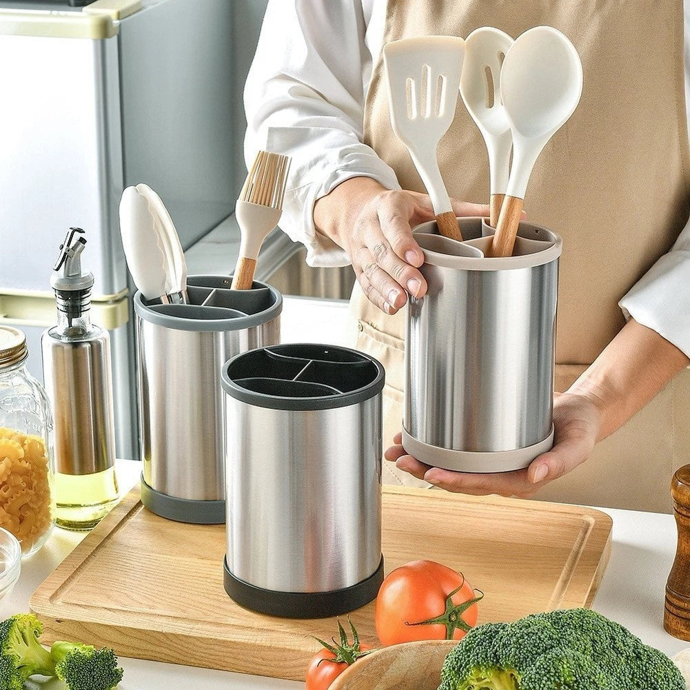 Stainless Steel Utensil Holder With Rotating Base For Easy Cooking