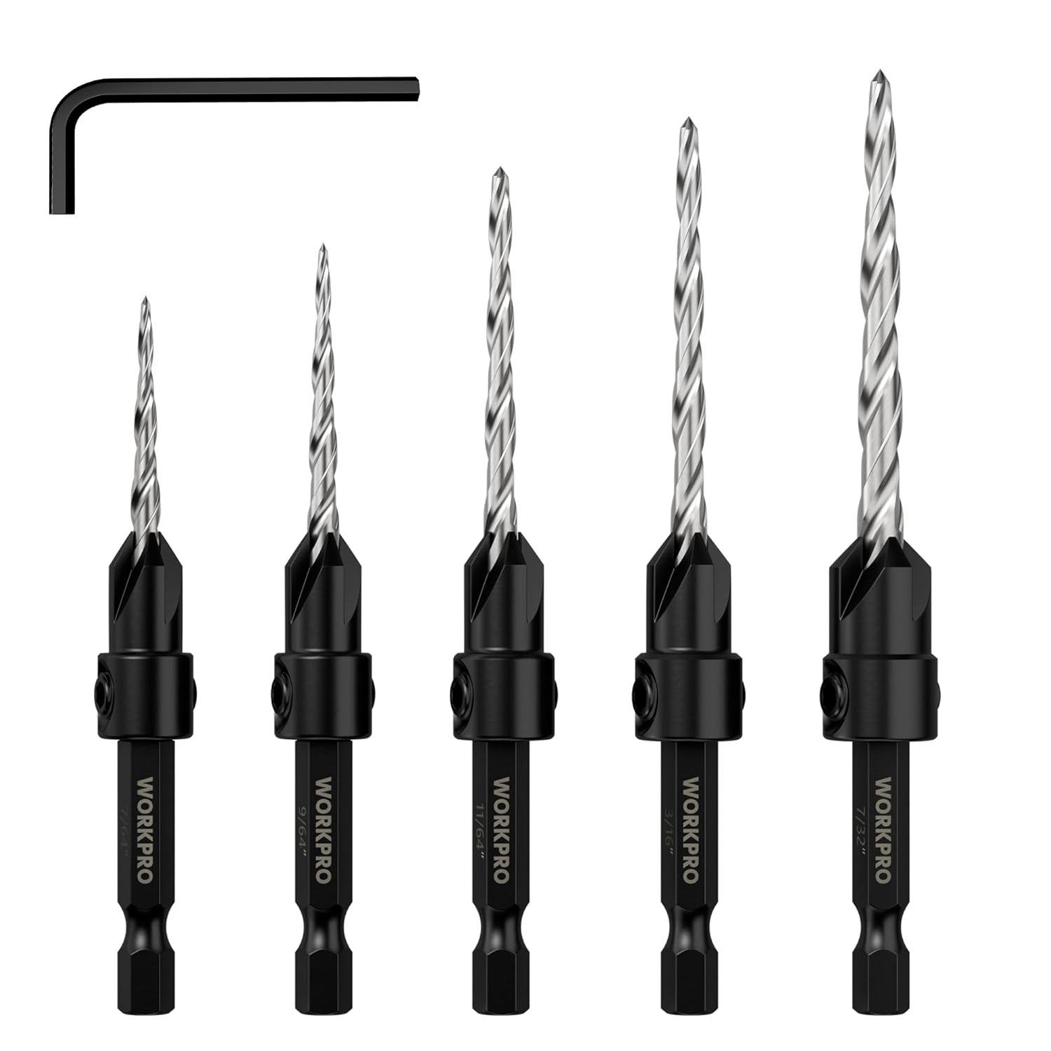 WORKPRO 5PACK HSS Countersink Drill Bit Set Adjustable M2 4-Flute
