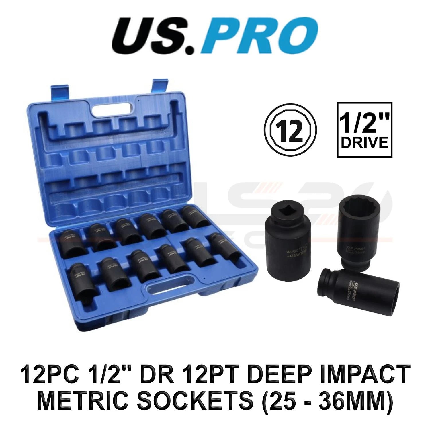 Us Pro Tools Deep Impact Socket Set 25mm-36mm 1/2" Drive 12pt 7543