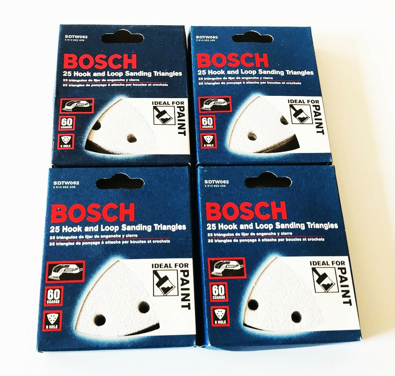 100 BOSCH HOOK AND LOOP SANDING TRIANGLES DISCS 60 GRIT 6 HOLE ITALY SDTW062Open