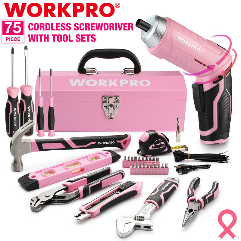 WORKPRO 75PIECES Pink Tools Set 3.7V Rotatable Cordless Screwdriver