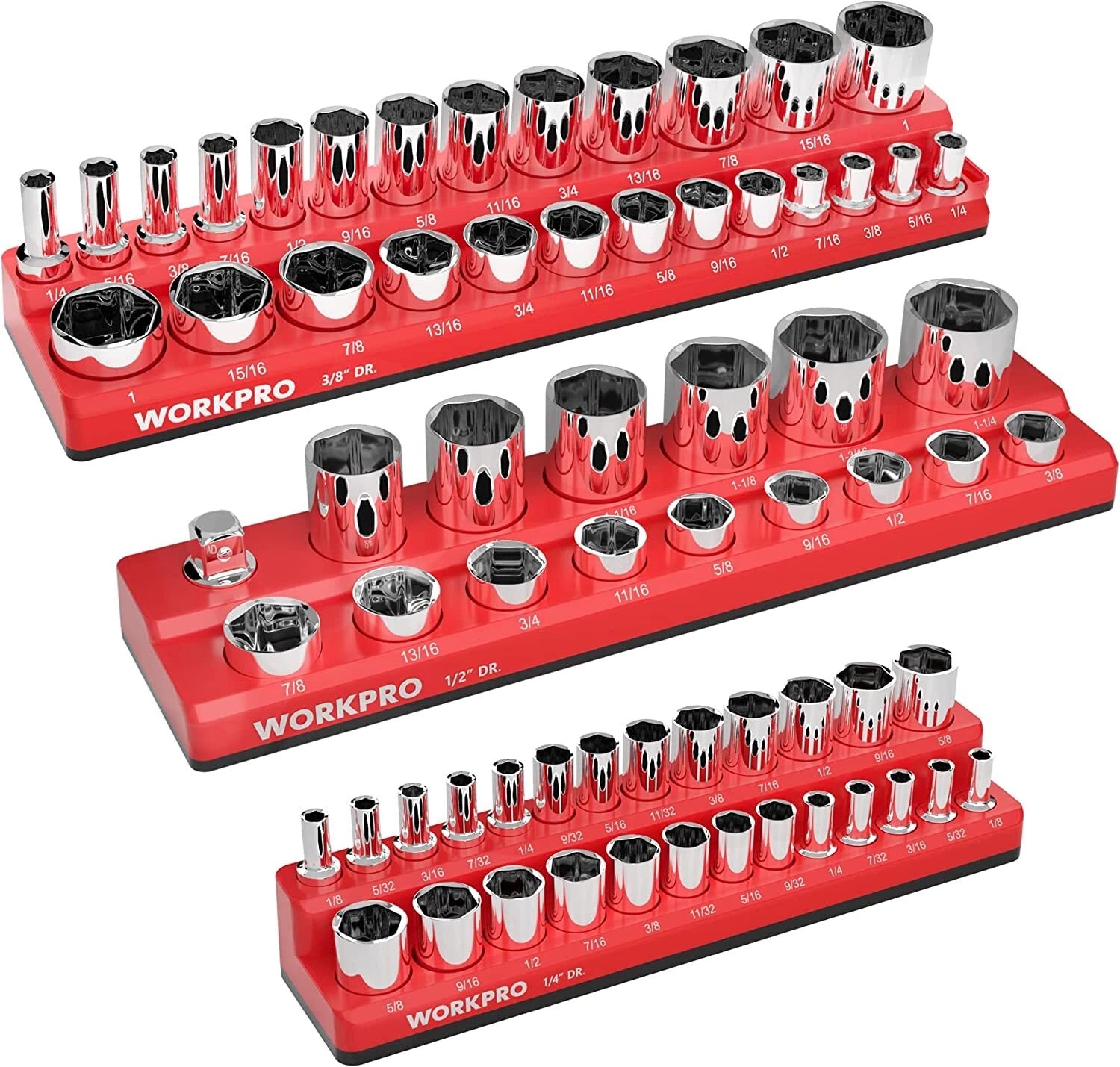 Workpro Magnetic Socket Organizer Set 1/4"3/8" & 1/2" Drive Sae
