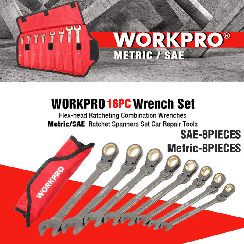 WORKPRO 8PC/16PC Flex-Head Ratcheting Combination Wrench Set SAE