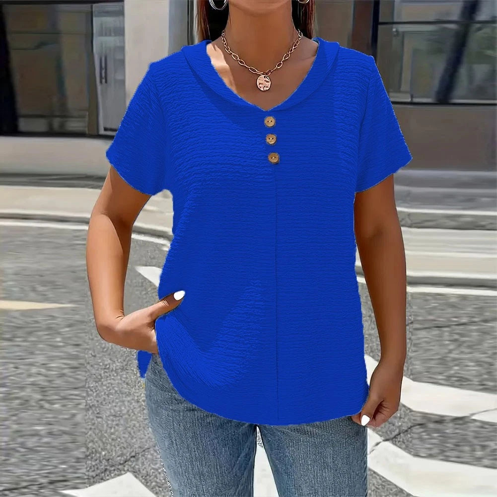 Women's V-neck Loose Fit Short Sleeve Polyester Top Solid Color For