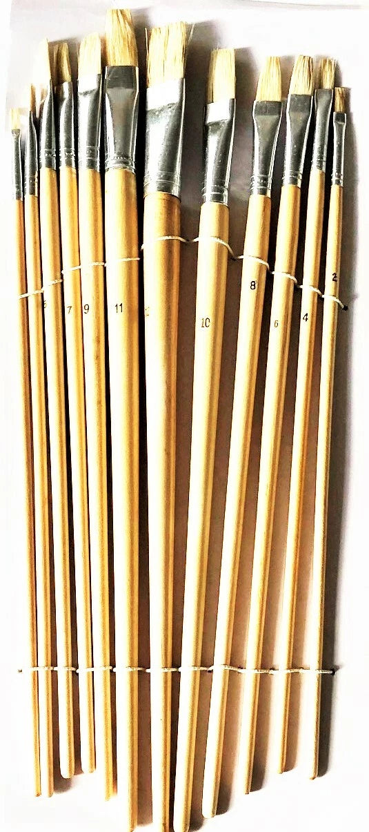 12 Flat Square Tip 13" Long Artist Paint Brush Brushes Set Oil/water