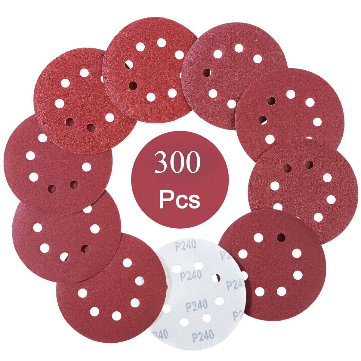 5" X 300PCS Sanding Discs 60-600 Grit Hook Loop 8 Holes Orbital Sander