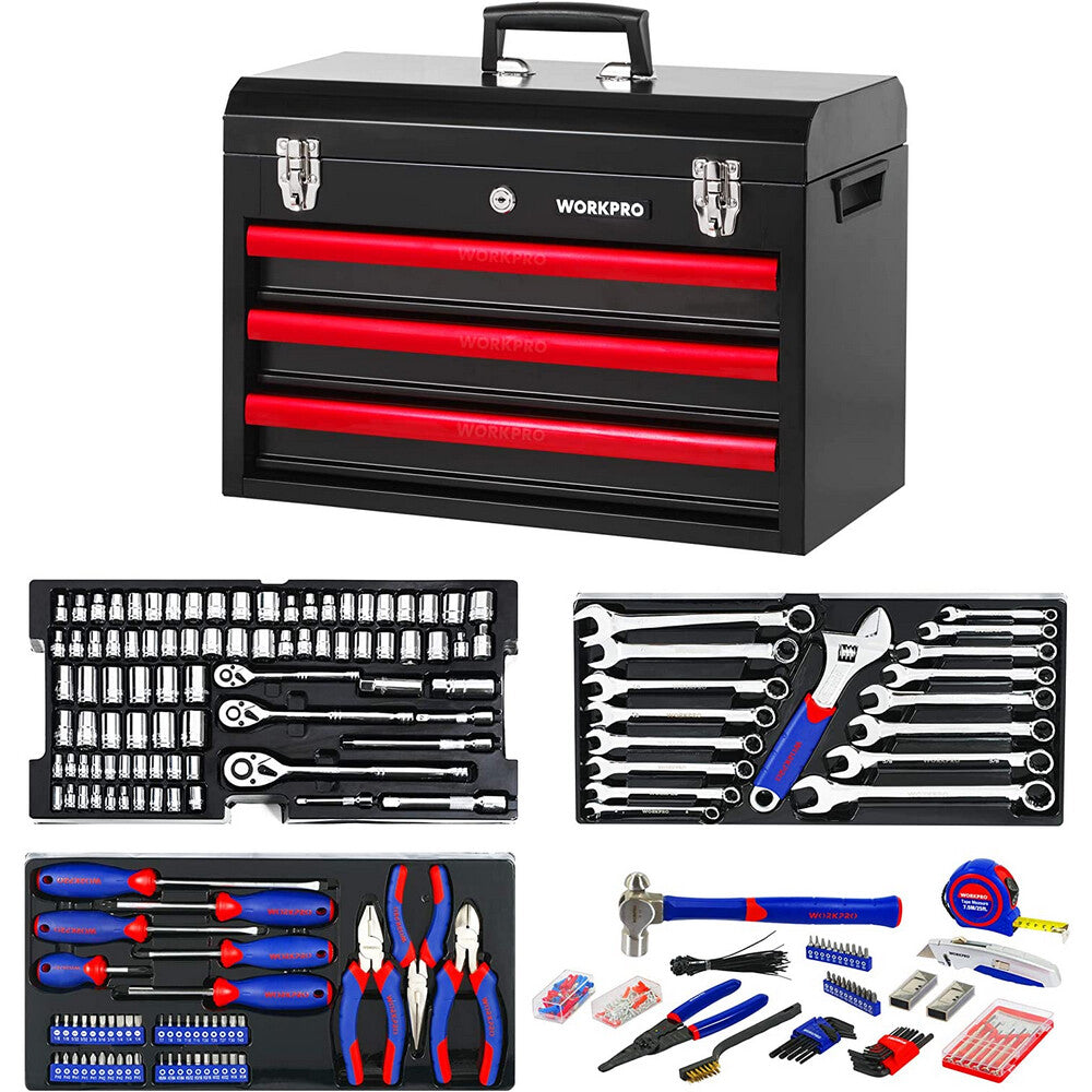 WORKPRO 408 Piece Mechanics Tool Set with 3-Drawer Metal Case