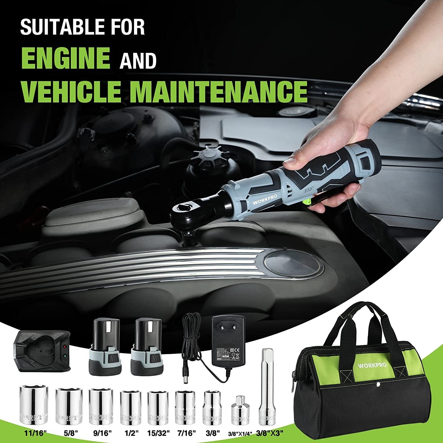 WORKPRO Cordless Electric Ratchet Wrench with 9-Piece Socket Set by WORKPRO