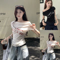 Womens Y2k Short Sleeve Crop Top Off Shoulder For Slim Fit Slash Neck