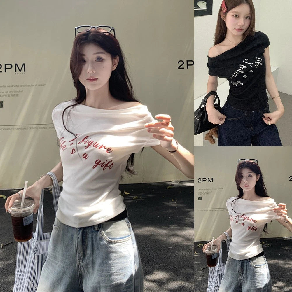 Womens Y2k Short Sleeve Crop Top Off Shoulder For Slim Fit Slash Neck