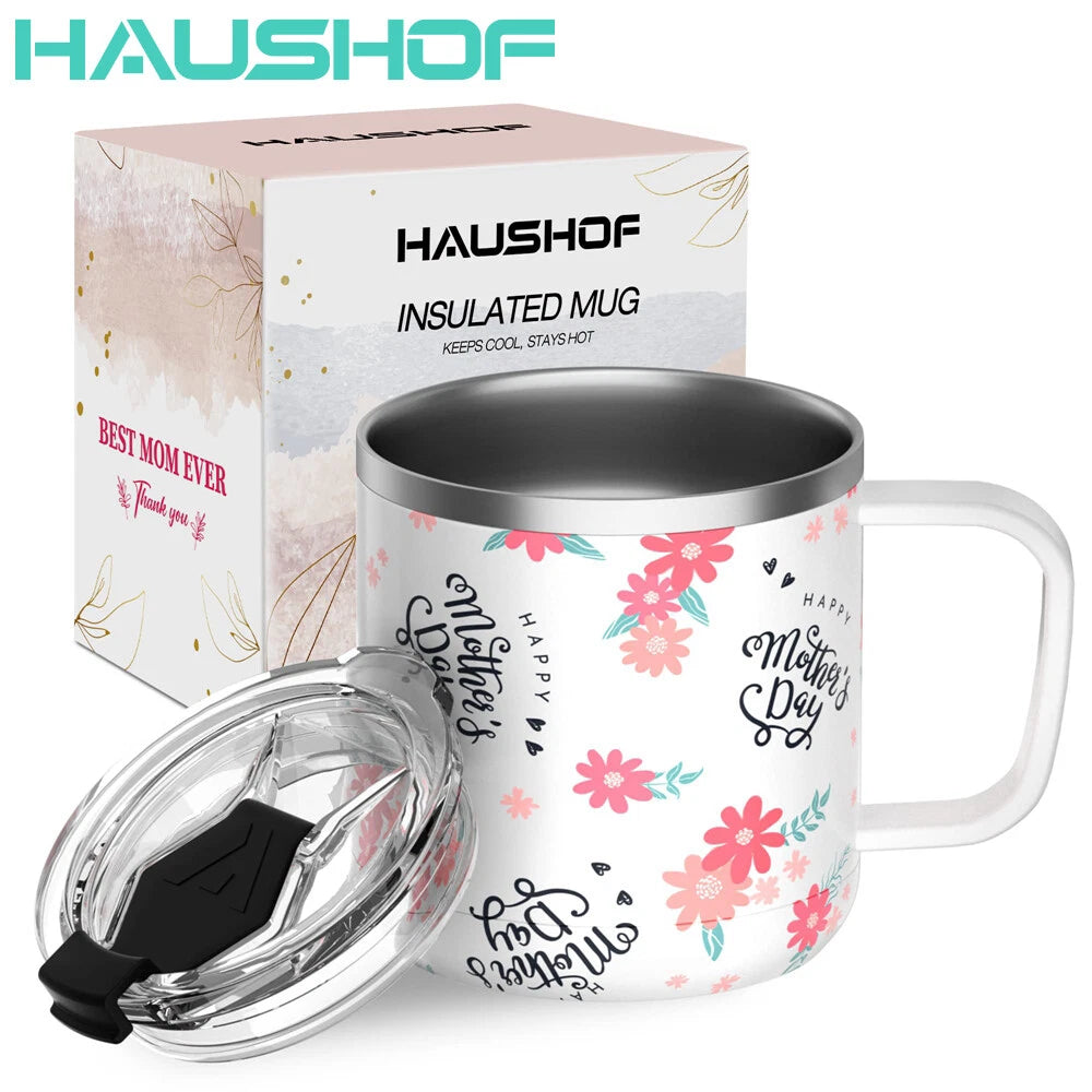 HAUSHOF 14OZ Stainless Steel Mug Tumbler Coffee Mug Cup with Lid for Mothers Day