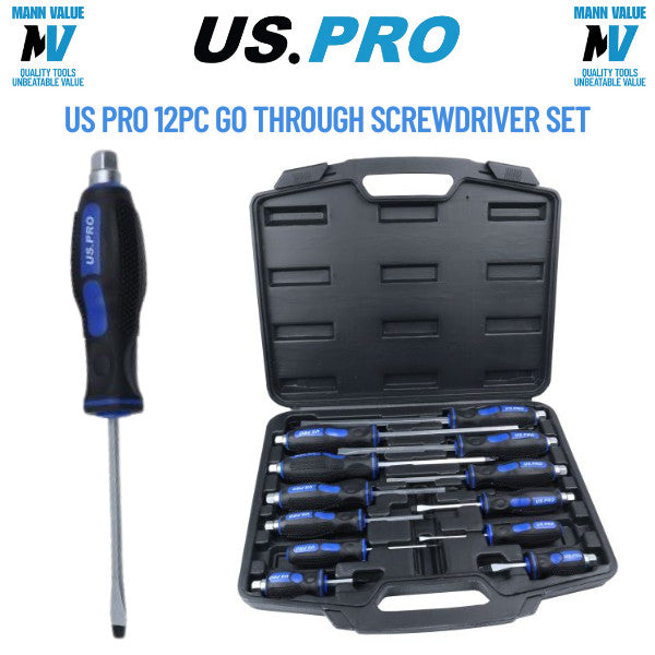 US PRO 12PC Go Through Screwdriver Set Slotted & Philips With Spanner 