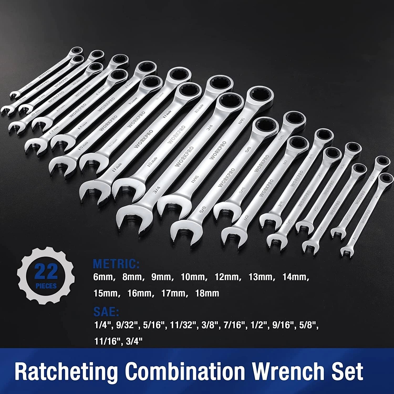 WORKPRO 22-Pieces Ratcheting Combination Wrenches Set SAE 1/4-3/4" Metric 6-18mm
