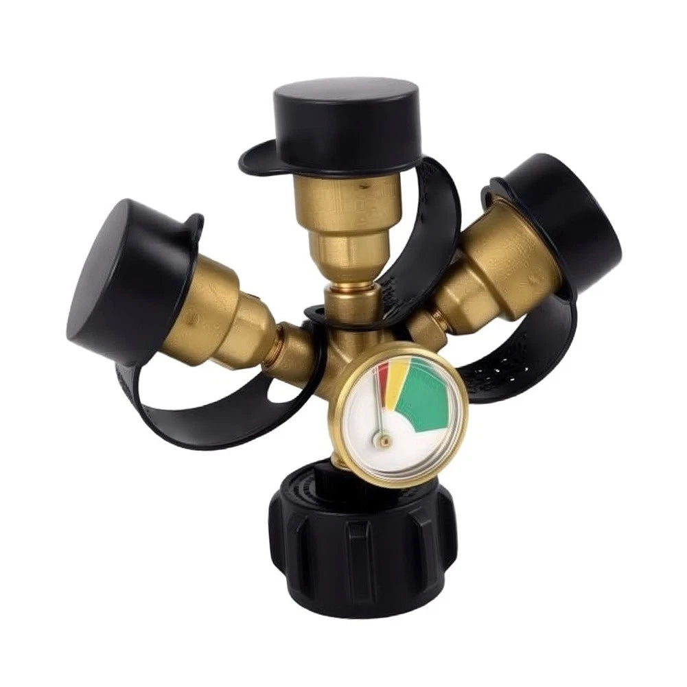 Brass 3 Outlet Propane Splitter With Pressure Gauge And Safety Cut