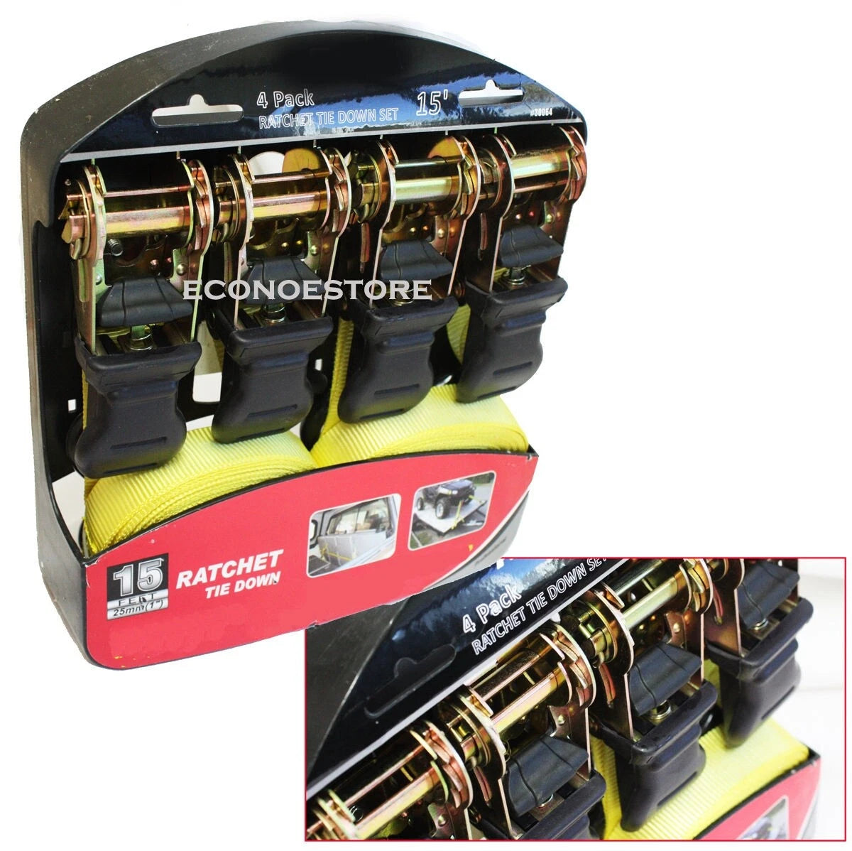 Hd 1" X 15' Set Of Ratcheting Tie Down Set Pack Heavy Duty