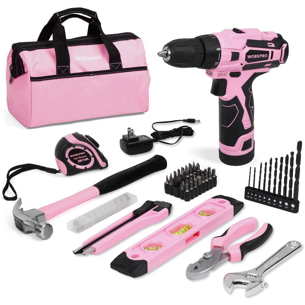 Workpro 12V Pink Cordless Drill Driver& Home Tool Kit W/14-inch