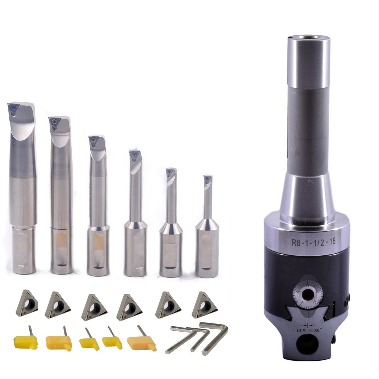 NEW R8 50MM BORING HEAD SET WITH 6 INDEXABLE BORING BAR AND 6 CARBIDE INSERTS