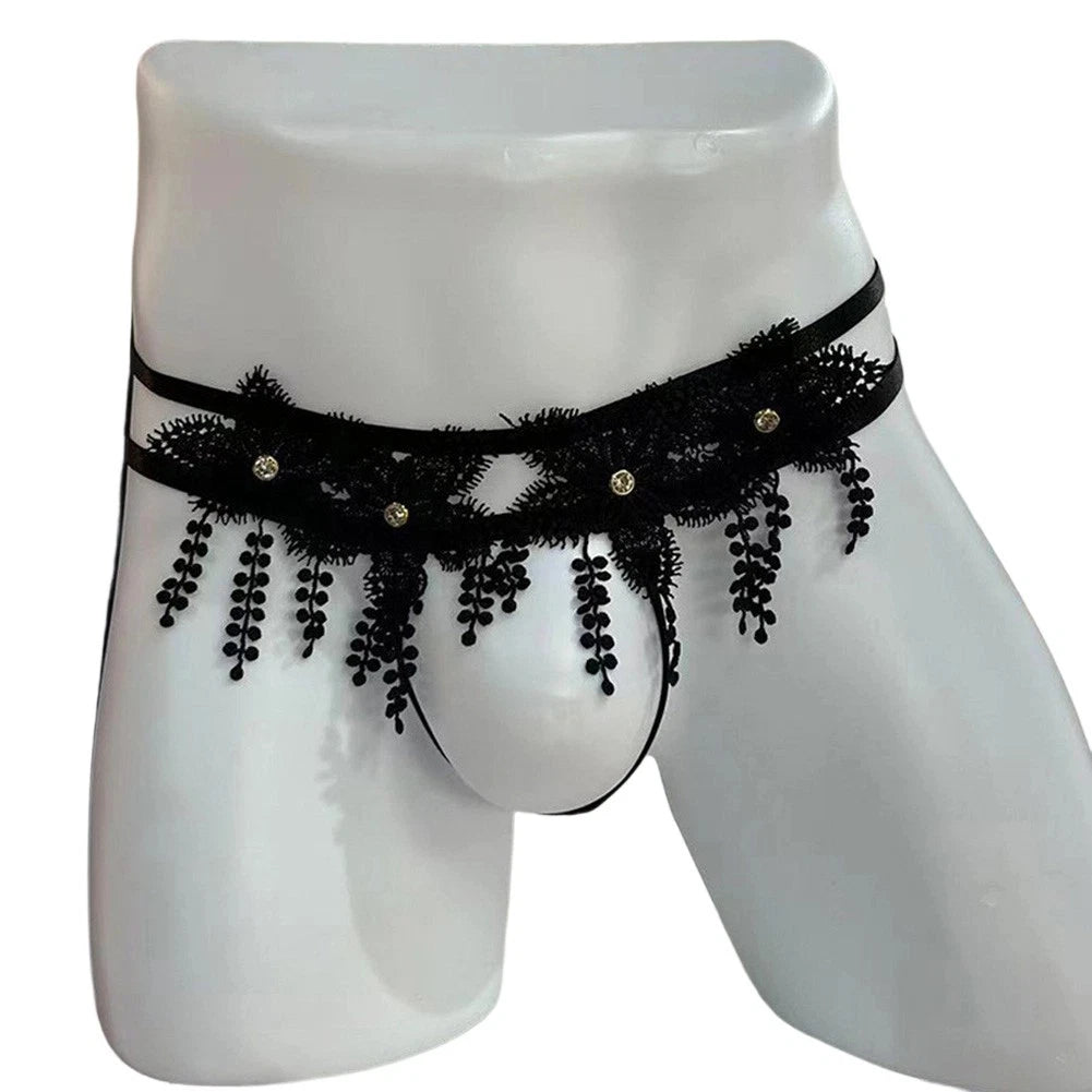 Men's Black Lace G String Thong Low Waist Open Crotch With Pearl