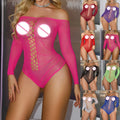 Women's Long Sleeve Solid Color Fishnet Jumpsuit For Nightwear And