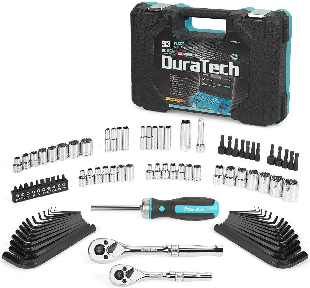 DURATECH Mechanics Tool Set 93 Pcs SAE/Metric 1/4 &3/8 Inch 
