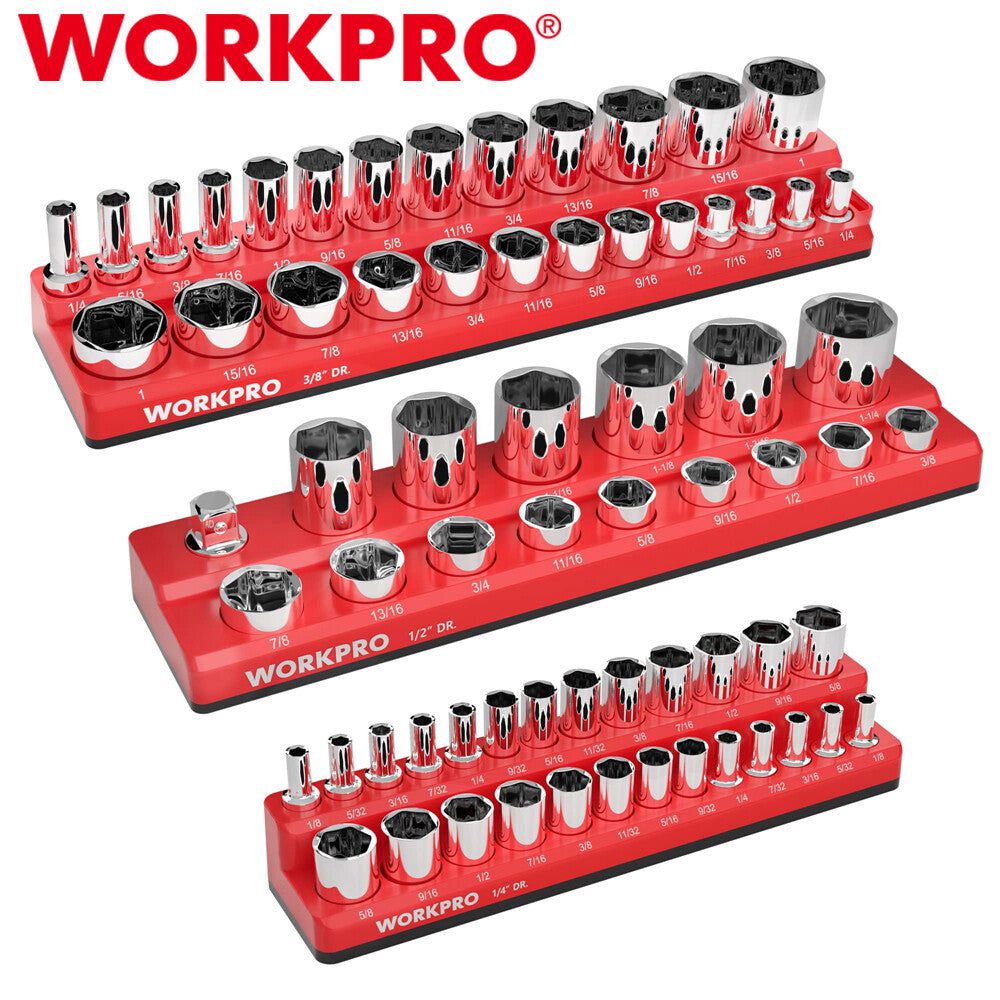 WORKPRO 3PCS Magnetic Socket Organizer Set 1/4" 3/8" 1/2" Drive SAE