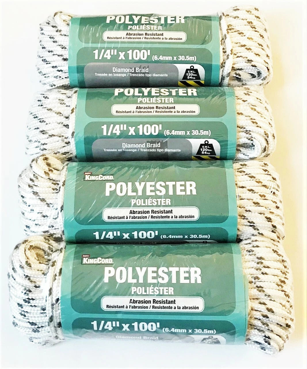 4 Kingcord 1/4" X 100" Diamond Braid Polyester Gray/white Pull
