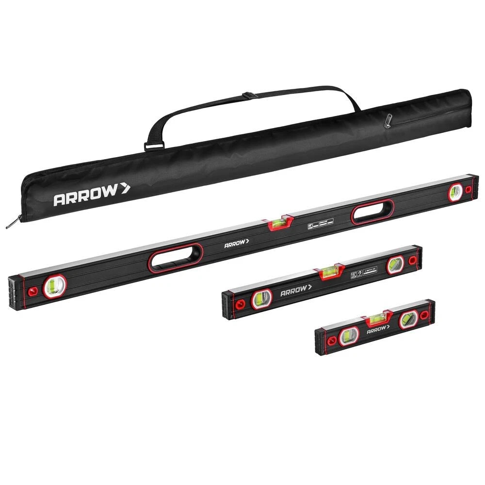 ARROW 3PCS Spirit Level Set Aluminum Alloy 9"/16"/48" Level 45°/90°/180° Bubbles