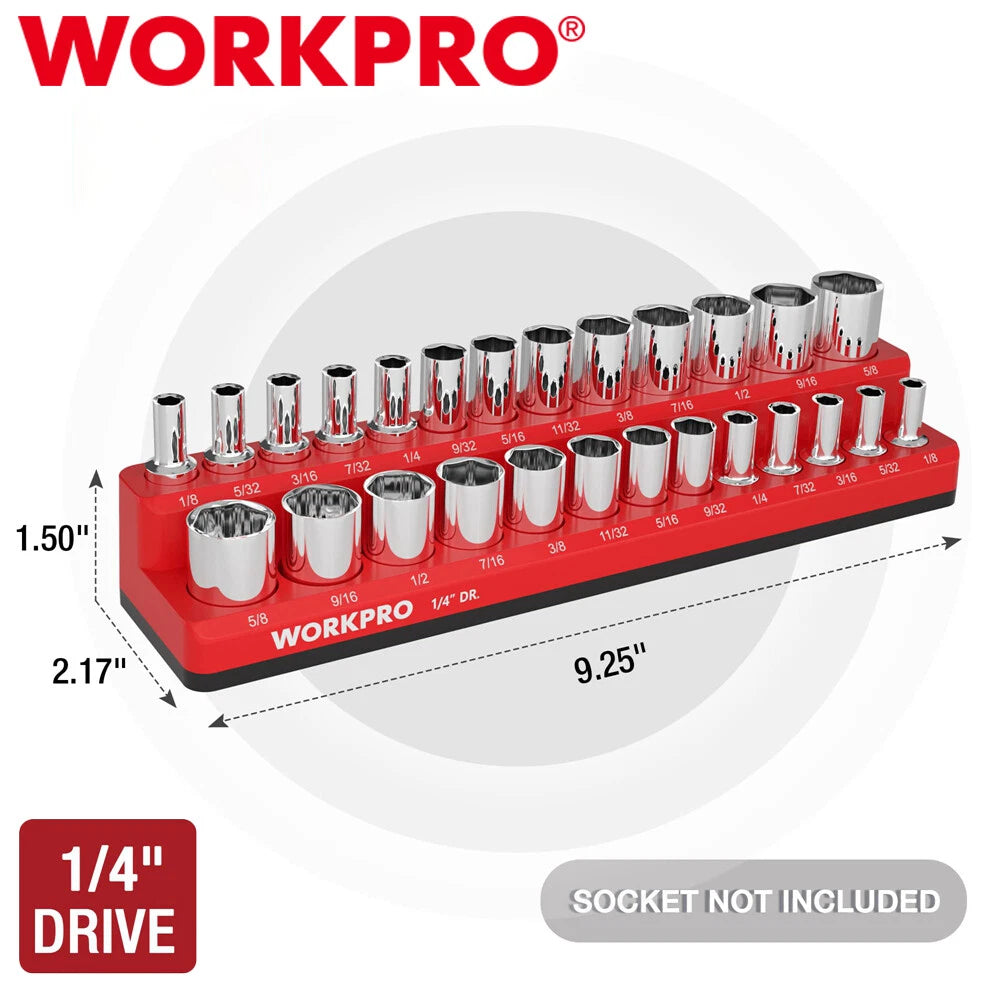 WORKPRO 1/4-Inch Magnetic Socket Organizer SAE Holds 26PCS Standard Deep Sockets